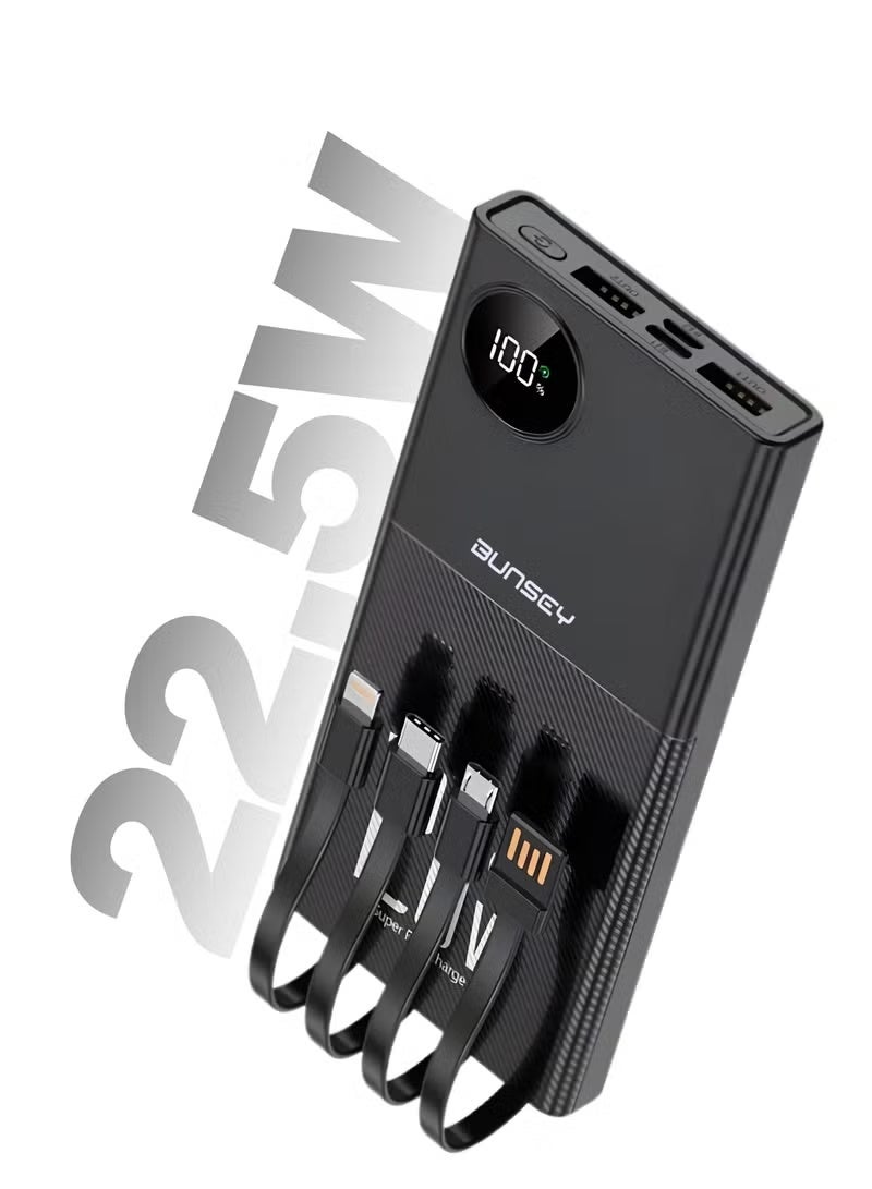 BUNSEY باور بانك 20000 مللي أمبير 22.5 واط شحن سريع مع 4 كابلات مدمجة | 2 USB + 2 PD منافذ | شاشة رقمية لعرض حالة البطارية | زر تشغيل | شحن متعدد الأجهزة – BP55 – أسود - Image 1